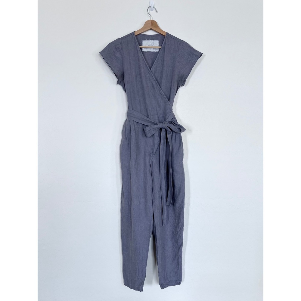 NotPERFECTLINEN Margaret Wrap Jumpsuit S French Blue Linen Belted